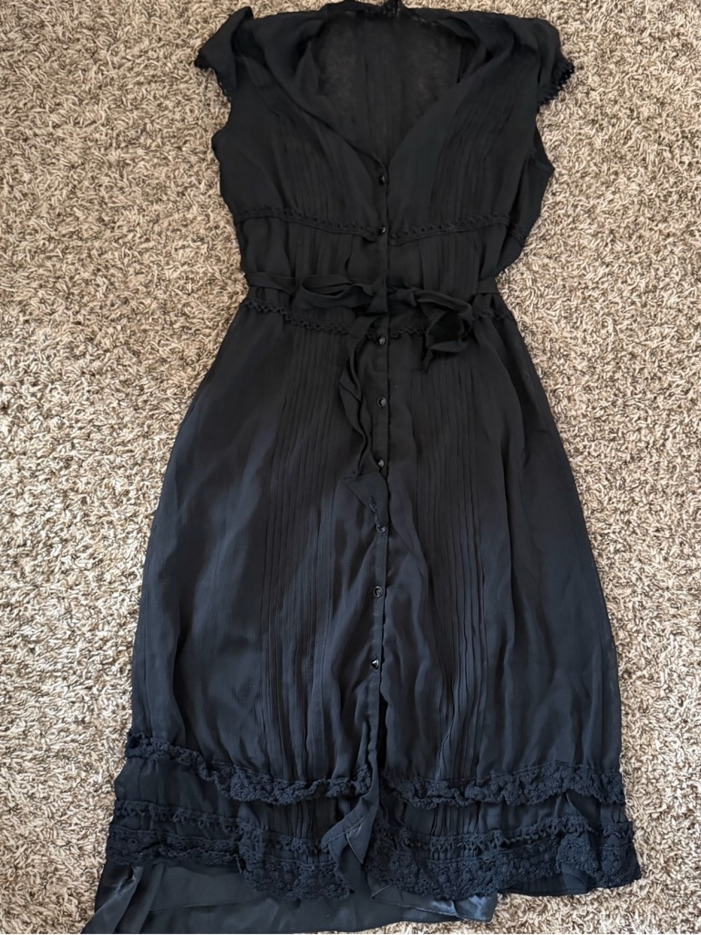 Adrianna Papell Black Button-Front Midi Dress with Lace Trim